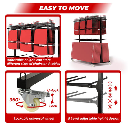Folding Chair Rack, Heavy-Duty Folding Chair Cart with Storage Rack, 800 LBS Capacity Dual-Layer Chair Storage Dolly Holds 84 Folding Chairs or 42 Chairs+12 Table with Waterproof Cover