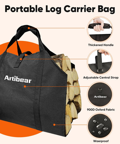 Artibear 8FT Firewood Rack Outdoor with Black Cover, bundle 28In Indoor Fireplace Log Holder with Carrier Bag