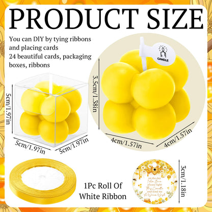 MTLEE 24 Sets Bee Baby Shower Favors Party Candle Small Bubble Candle Baby Shower Favors for Guests Tea Candles Bulk with Stylish Ribbons Cards Gifts (Yellow, Bee)