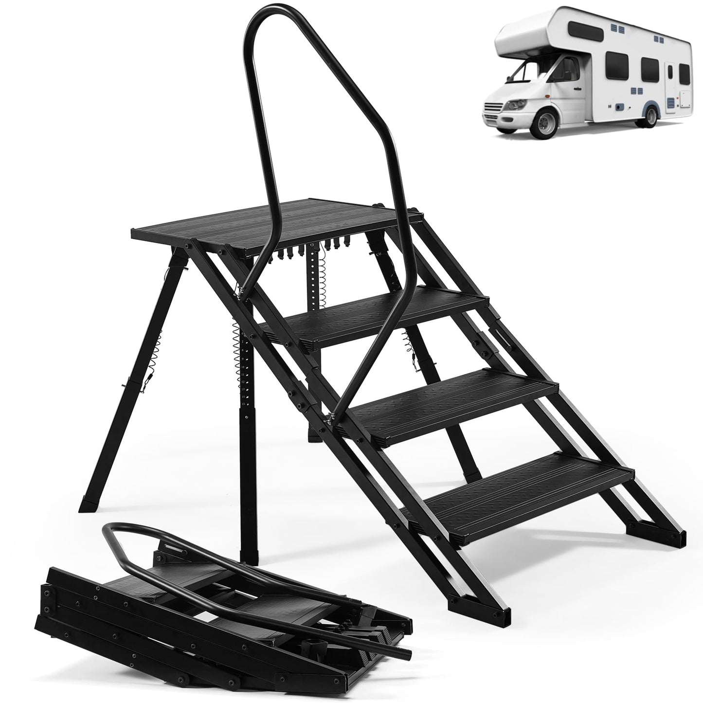 RV Steps Foldable, Aluminum Portable 4 Step Camper Steps with Handrail Adjustable Height with Non Slip Feets for 5th Wheel RV, Travel Trailer, Home, Camper, Spa, Hot Tub Steps, and Porch