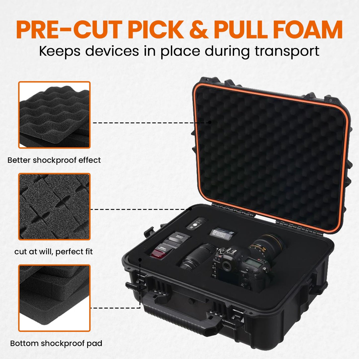 Tactix Hard Case XL Plastic Waterproof Camera Protective Case IP65 Heavy-Duty, Custom Foam Insert, Fit Use of Drones, Camera, Equipments, Tools, 21.41"x17.16"x8.50" Black