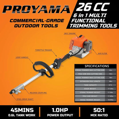 PROYAMA 26cc 6 in 1 Multi Functional Combo Kit, 2 Cycle Gas Powered Hedge Trimmer, Weed Eater Wacker, String Trimmer, Brush Cutter, Edger with 3.3FT Extension Rod