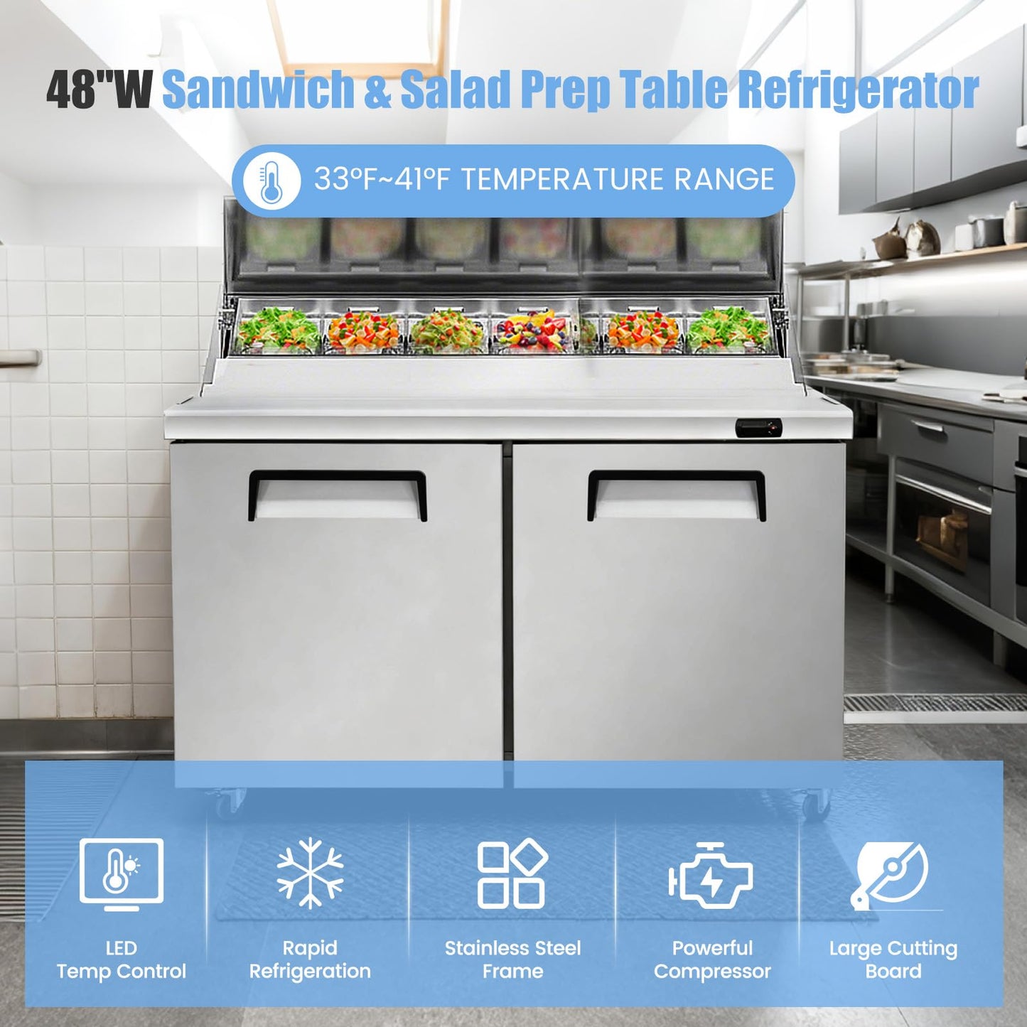 Bluelinecool 48" W Commercial Refrigerator Sandwich Salad Prep Table, Stainless Steel 2-Door Sandwich Prep Table Refrigerator, Counter Fan Cooling Refrigerator with 12 Pans for Restaurant, Bar