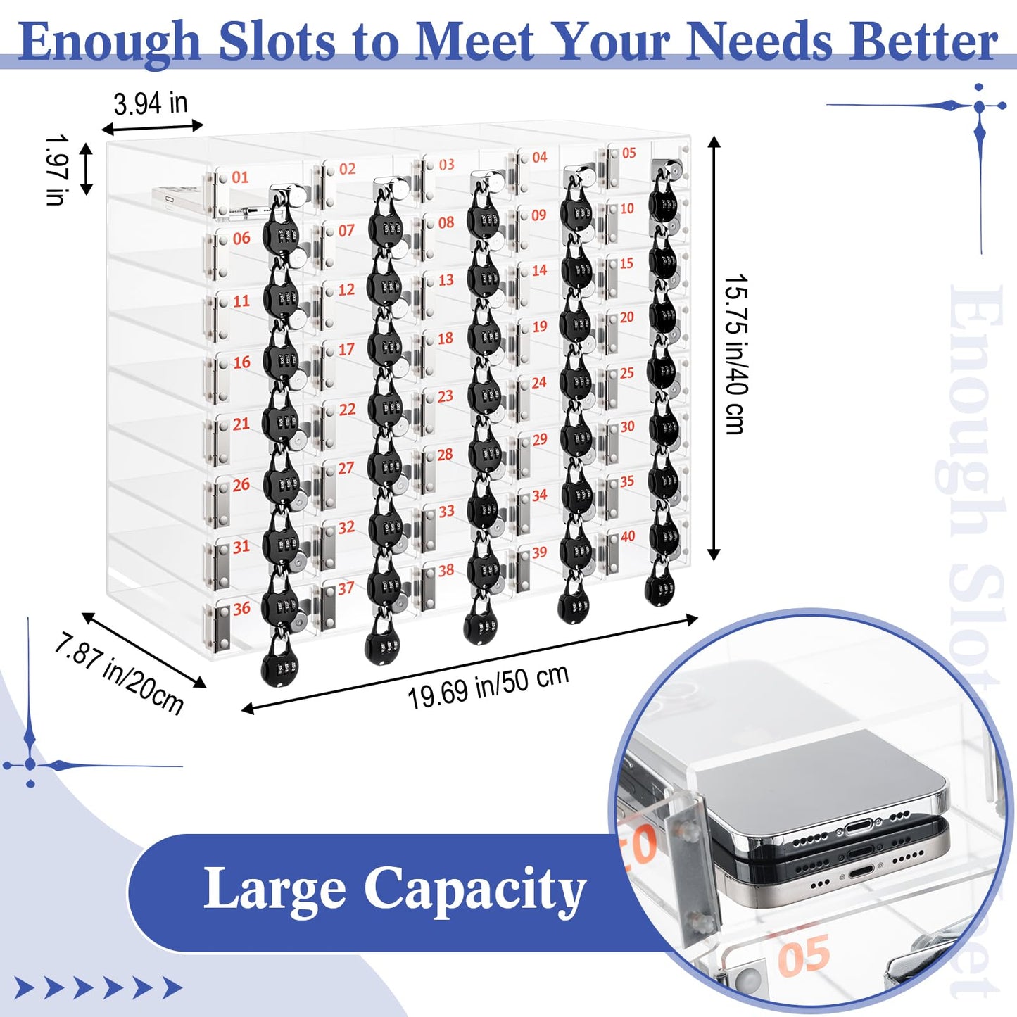 Colingmill 40 Slots Cell Phone Locker Box with Combination Lock, Clear Acrylic Phone Storage Cabinet for Back to School Classroom Students Employee Office Factory