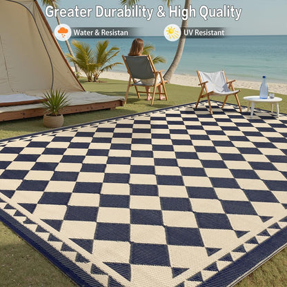 HUGEAR Outdoor Waterproof Rug 9'x18' Plastic Straw Rugs Washable Reversible Floor Mat Beige Plaid Carpet for Camping RV Deck Entryance Porch Picnic Balcony Beach Backyard