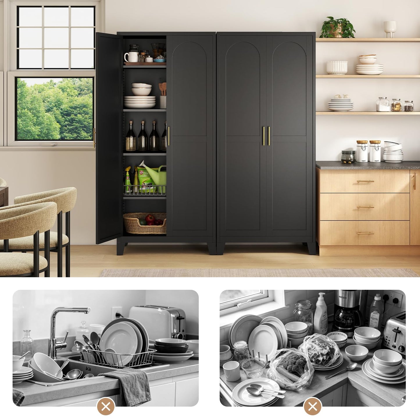 Zevemomo 70.87" H Metal Kitchen Pantry Cabinet, Freestanding Cupboard with 2 Doors and 4 Adjustable Shelves, Tall Metal Storage Cabinet for Kitchen, Bathroom, Dinning Room or Laundry Room （Black）