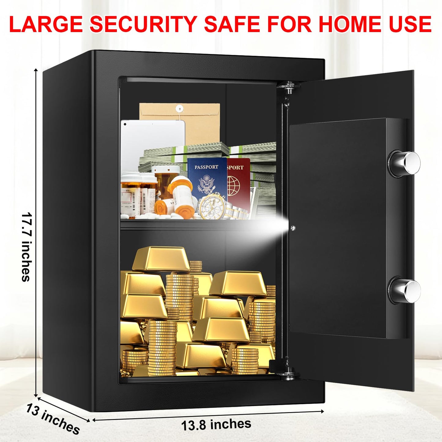3.4 Cub Large Safes for Home Use, Digital Home Safe Box Fireproof Waterproof with Programmable Keypad, Spare Keys and Removable Shelf, Anti-Theft Fire Proof Safe for Document Money Valuables