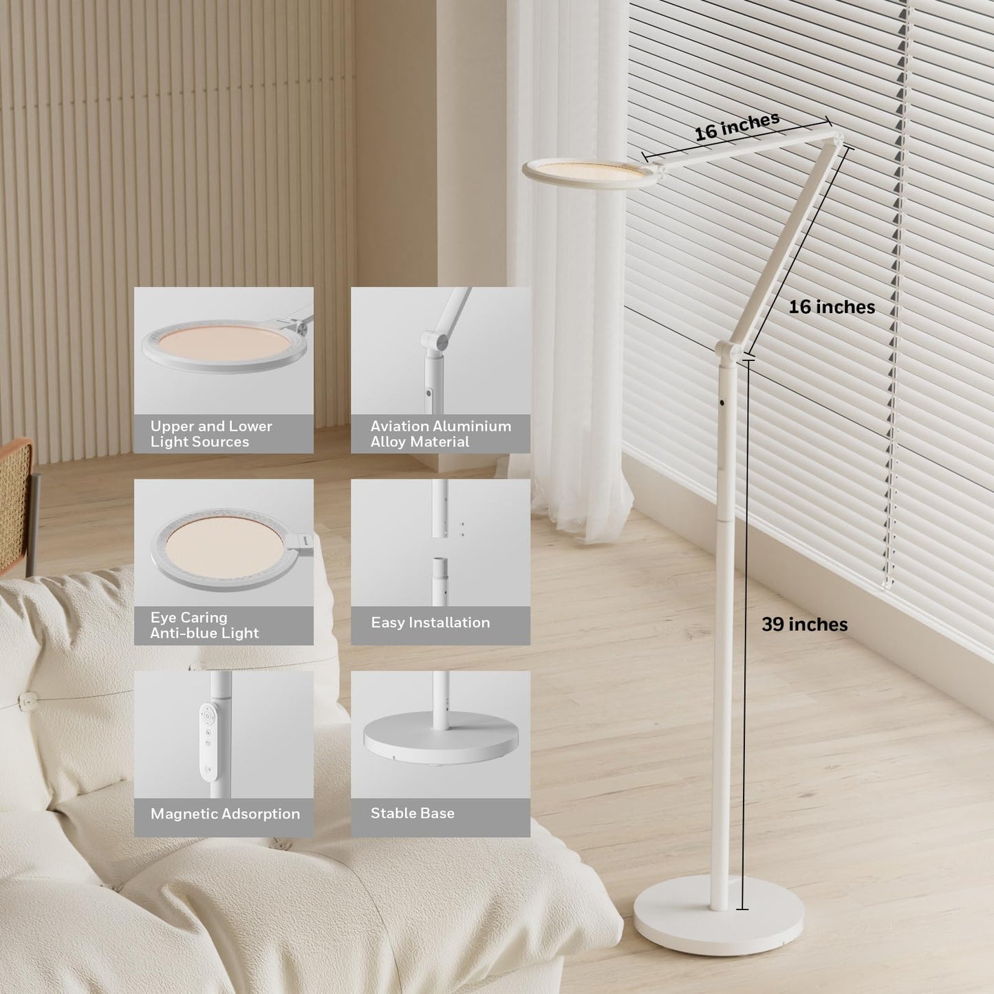 Honeywell LED Floor Lamp - F01WT Sunturalux™ Eye Caring Dimmable Standing Light with Remote,Bright Natural Daylight 5 Colors & 5 Brightness Adjustable Tall Lampara for Home Office Living Room Bedroom