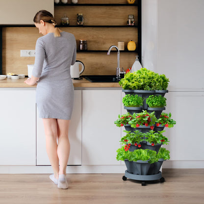 Tectsia 7 Tiered Strawberry Vertical Planter Tower Garden 3 Pack, Stackable Planter Herb Garden Planter with Movable Casters and Bottom Saucer Indoor and Outdoor - Dark Grey