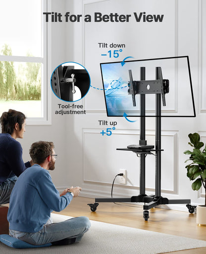 HUANUO Rolling TV Stand with Power Outlet, Mobile TV Cart for 32-85 Inch Flat/Curved TVs, Tilt & Height-Adjustable TV Cart on Wheels Holds 132 lbs, Max VESA 600x400mm HNTVMC01