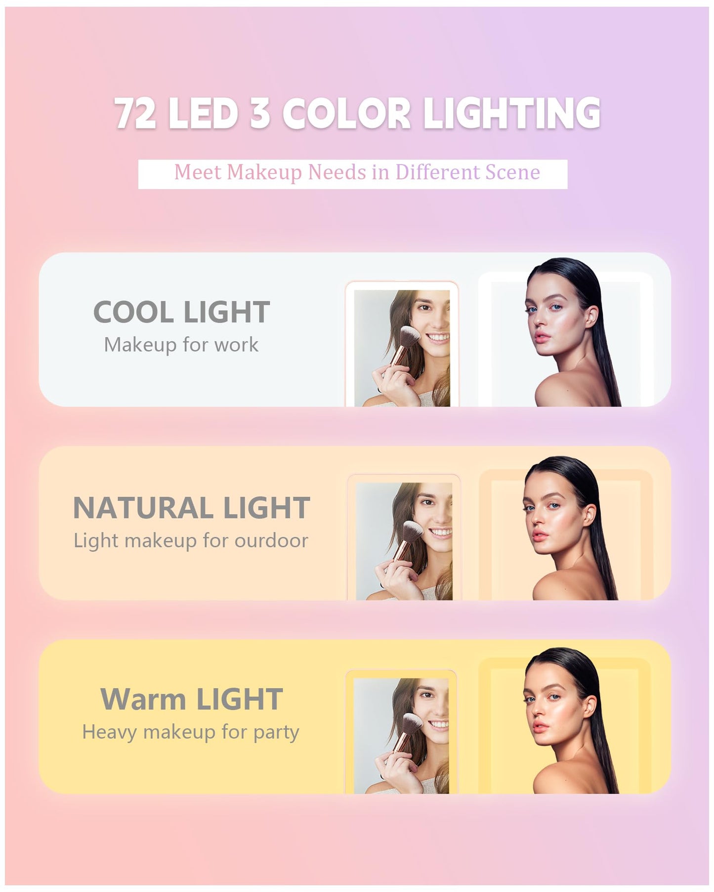 Travel Mirror with Lights Makeup Mirror Touch Screen 3 Colors Light 72 LEDs Rechargeable, 1000mHA 7.9x5.3-Inch Desk Compact Mirror White