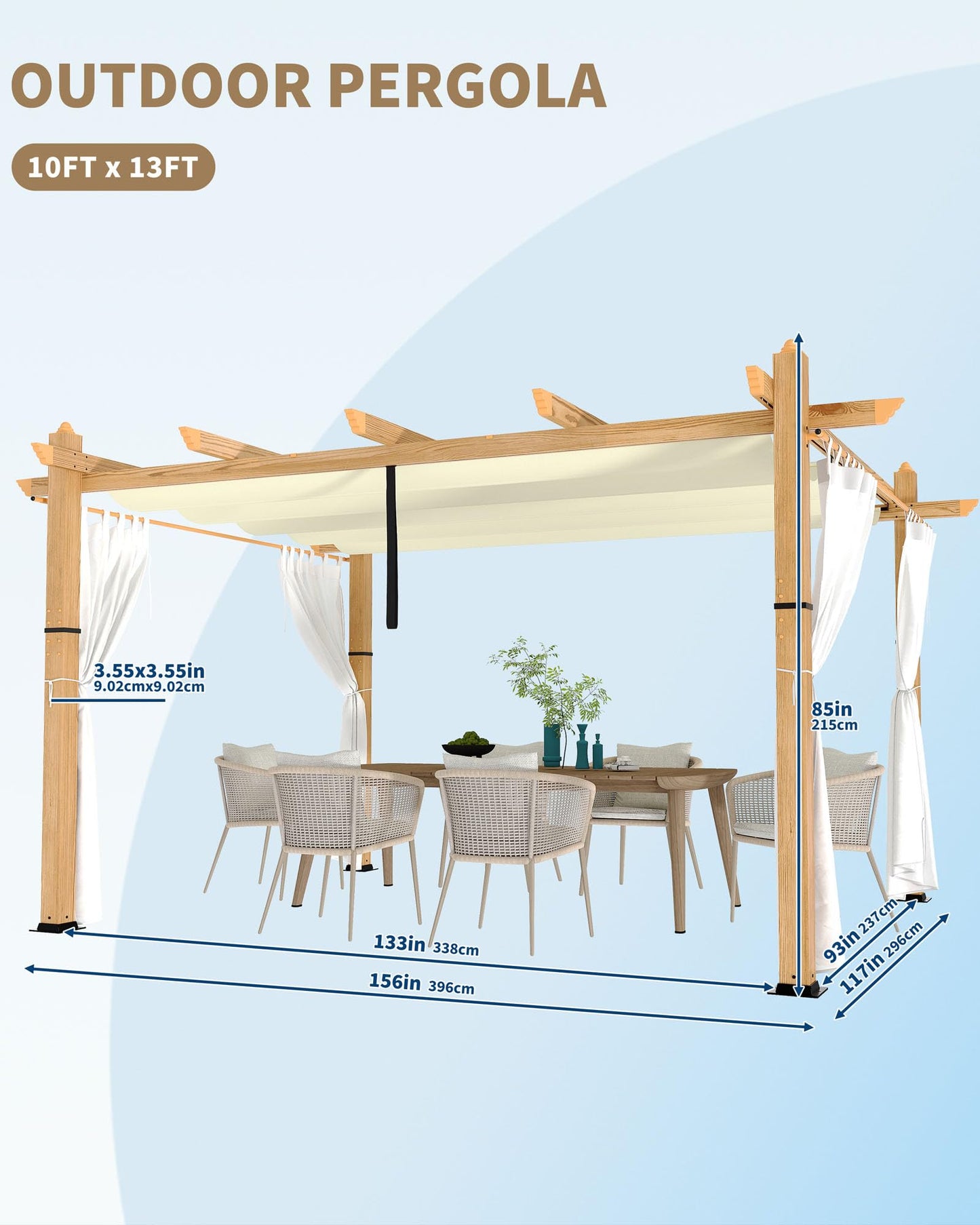 KYBOLT 10x13 Ft Outdoor Pergola with Retractable Canopy Aluminum Gazebo Imitation Wood-Grain Post with Side Mesh Screen Pavilion for Backyard Deck-Beige+White