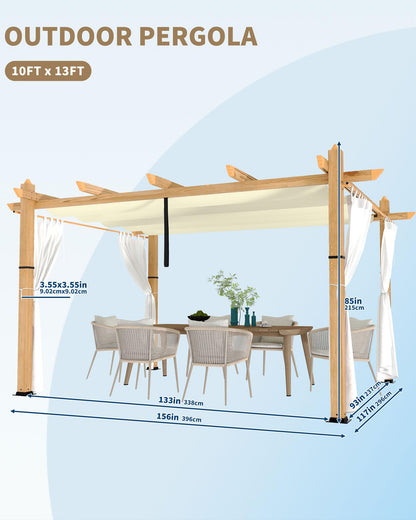 KYBOLT 10x13 Ft Outdoor Pergola with Retractable Canopy Aluminum Gazebo Imitation Wood-Grain Post with Side Mesh Screen Pavilion for Backyard Deck-Beige+White