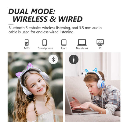 Headphones for Back to School, Kids Cat Ear Headphones, Led Lights Up, Foldable Bluetooth Wireless Headphones with Microphone for iPad Tablet