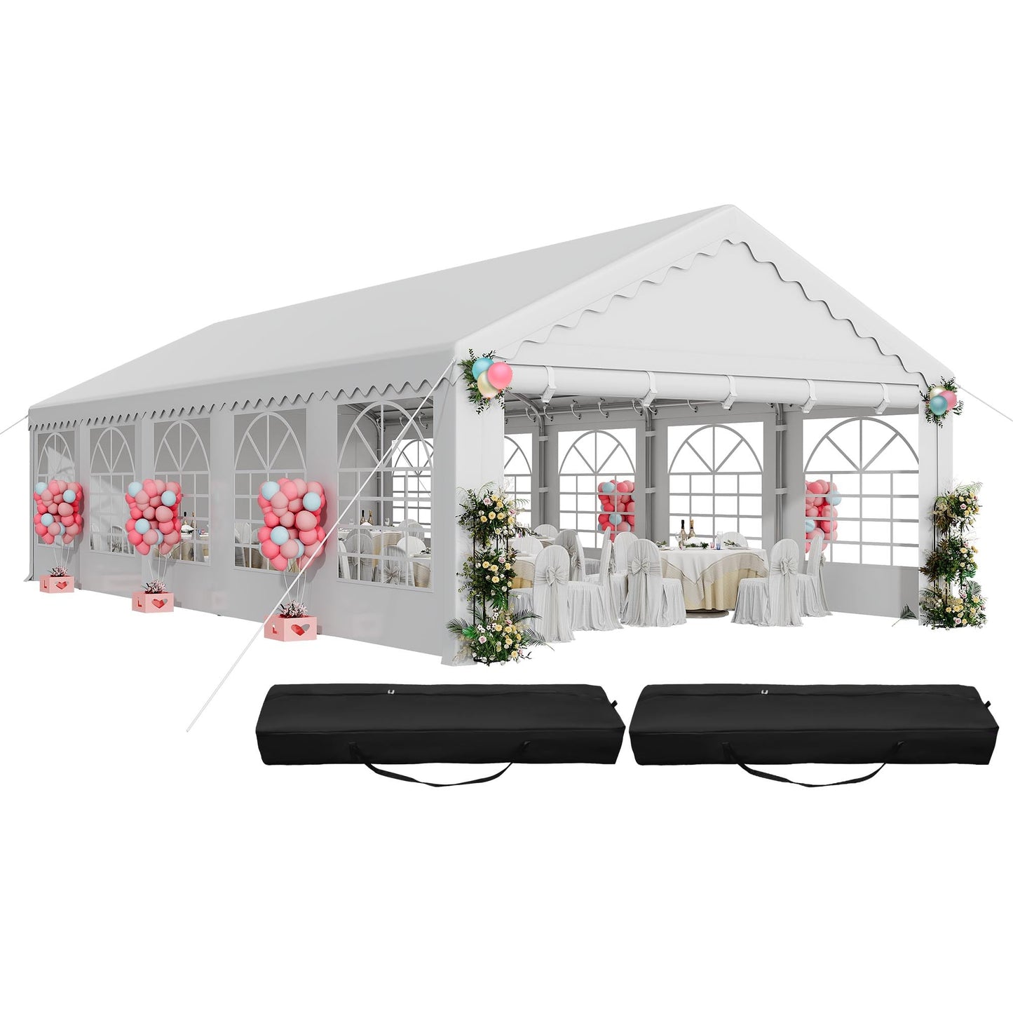DWVO 16x32FT White Wedding Event Tents Pavilion, White Heavy-Duty Canopy with Enhanced Galvanized Ripple Frame, Spacious Roof, Detachable Side Panels, and 2 Handy 600D Oxford Storage Pouches