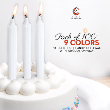 Candle Charisma 100 White Spell Candles - 4" Unscented Paraffin Chime Candles, Smokeless & Dripless, Colored Candles, 1.5 Hours Burn Time 0.4" Thick Taper Candles for Rituals,Birthdays and Parties