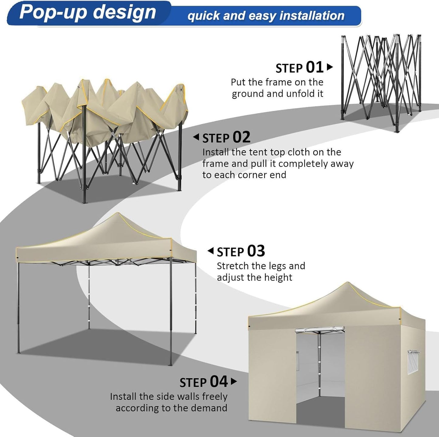 COBIZI 10x10 Heavy Duty Pop up Canopy with 4 Removable Sidewalls, Canopy Tent with Portable Bag, Pop up Tent Commercial Gazebo Waterproof Sunshade for All Weather Party Camp Stall Patio,Khaki