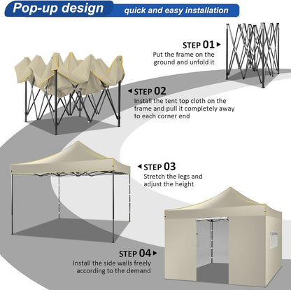COBIZI 10x10 Heavy Duty Pop up Canopy with 4 Removable Sidewalls, Canopy Tent with Portable Bag, Pop up Tent Commercial Gazebo Waterproof Sunshade for All Weather Party Camp Stall Patio,Khaki