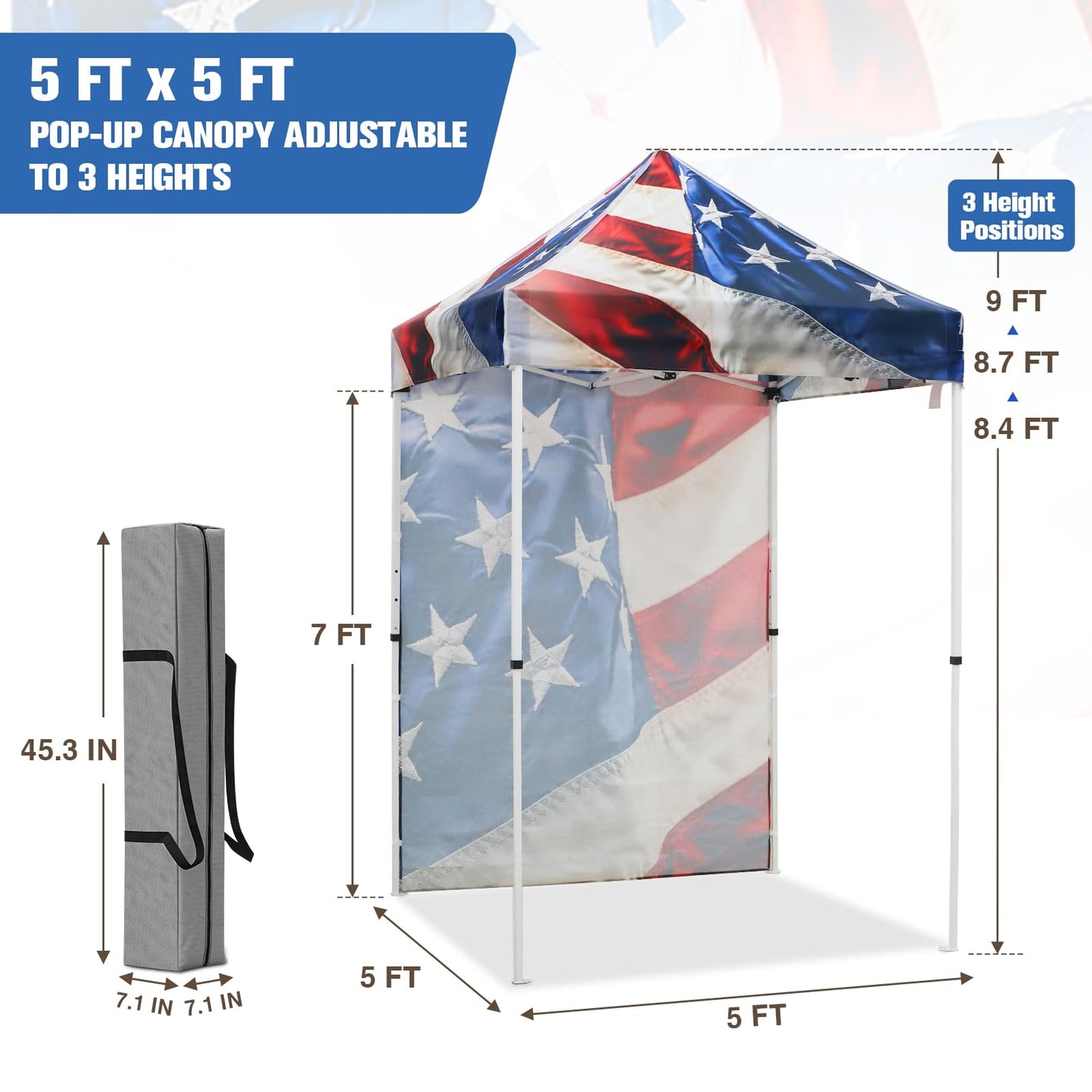 EAGLE PEAK Pop up Canopy 5x5, Outdoor Portable Canopy Tent with One Removable Sunwall, Carry Bag Included, Stars and Stripes