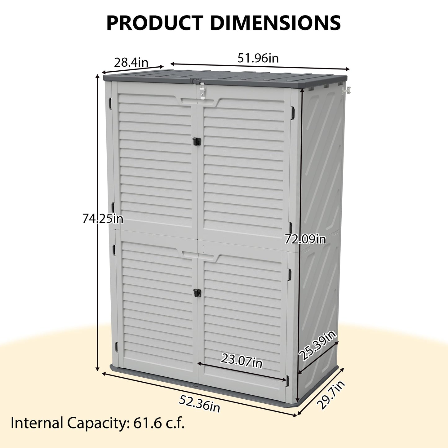 KEIKI Outdoor Storage Shed, Lockable Resin Storage Cabinet with Floor, Weather Resistant Tall Garden Shed for Tools, Patio Cushions, Lawn Equipment Backyard 61 cu. ft, White