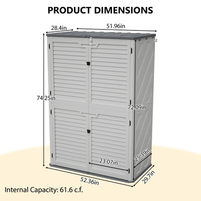 KEIKI Outdoor Storage Shed, Lockable Resin Storage Cabinet with Floor, Weather Resistant Tall Garden Shed for Tools, Patio Cushions, Lawn Equipment Backyard 61 cu. ft, White