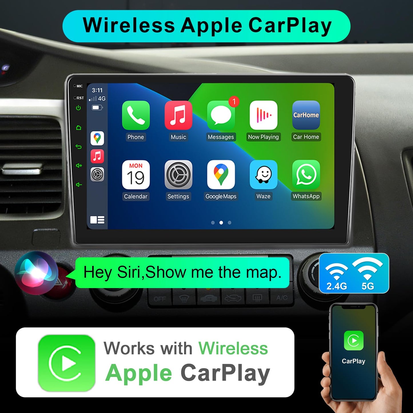 Car Stereo Radio for Honda Civic 2006 2007 2008 2009 2010 2011 with Wireless Carplay & Android Auto,10.1 Inch 1080P Touch Screen for Civic Radio with Bluetooth FM Mirror Link SWC No Camera