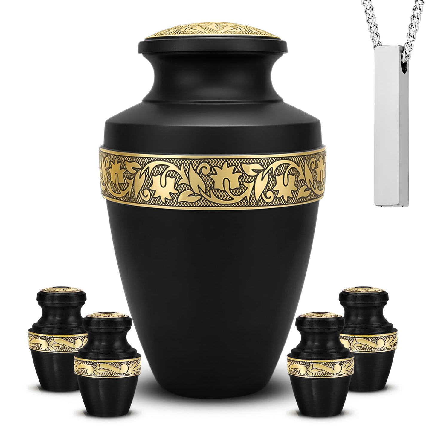 Set of 6 Black & Gold Decorative Cremation Urns for Ashes Adult Male & Female Includes 1 Large Black Urn with 4 Small Keepsakes & 1 NecklaceUrn for Human Ashes