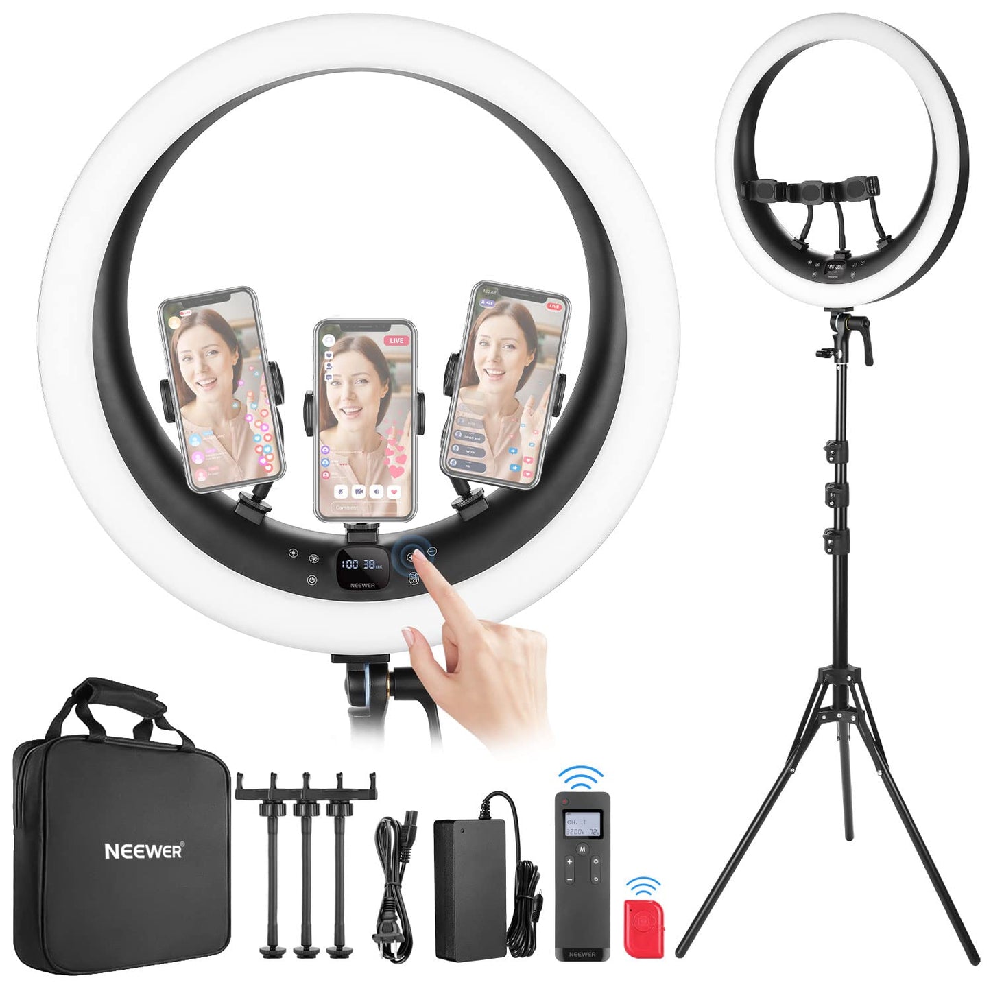 NEEWER Ring Light RP19H 19 Inch with Tripod Stand 3 Phone Holders Compatible with iPhone, Upgraded 2.4G Touch Control Ringlight for Video Recording Streaming Home Office Zoom Selfie Makeup Lighting