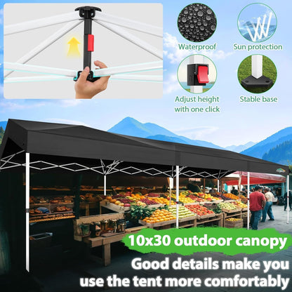 COBIZI 10x30 Party Tent with Wheeled Bag 10x30 Pop up Canopy with One-Push Setup, Outdoor Canopy with 3 Sidewalls Gazebo Event Shelter for Wedding Commercial with Sandbags,Waterproof & UPF50+, Black