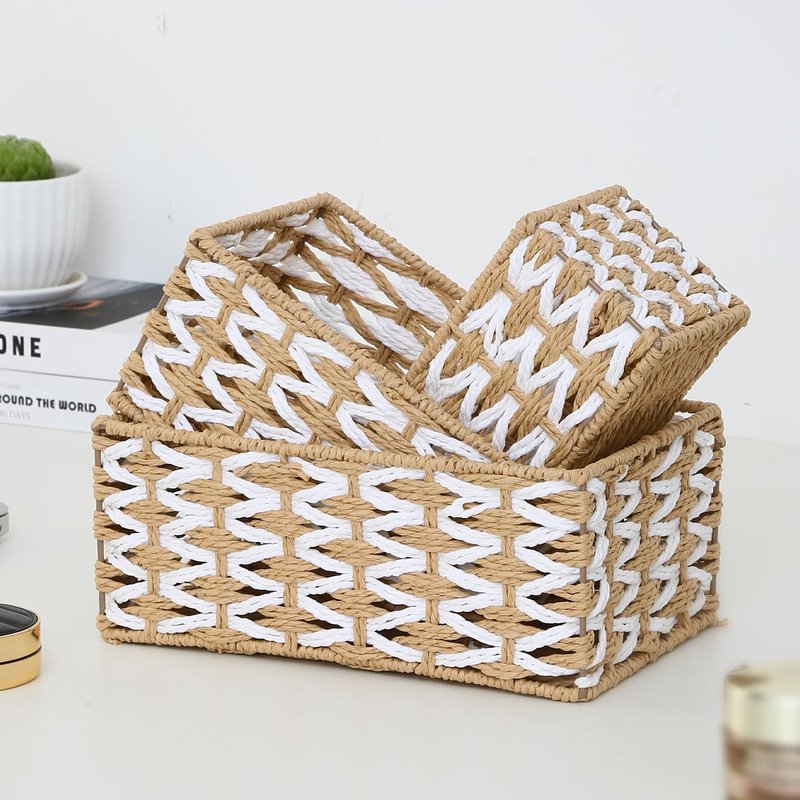 HANMYSTYLE Storage basket Flower weaving storage basket hand-woven organizing Kids room storage snacks sundries toiletries toys set of 3(rectangle)