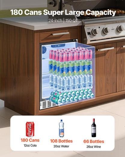 VEVOR 24-Inch Outdoor Beverage Refrigerator, 150 QT Built-in Drink Fridge, 0.56 kWh/Day Energy-Efficient Cooler with 304 Stainless Steel Door, Holds 180 Cans for Outdoor Kitchen, Home Bar, Patio