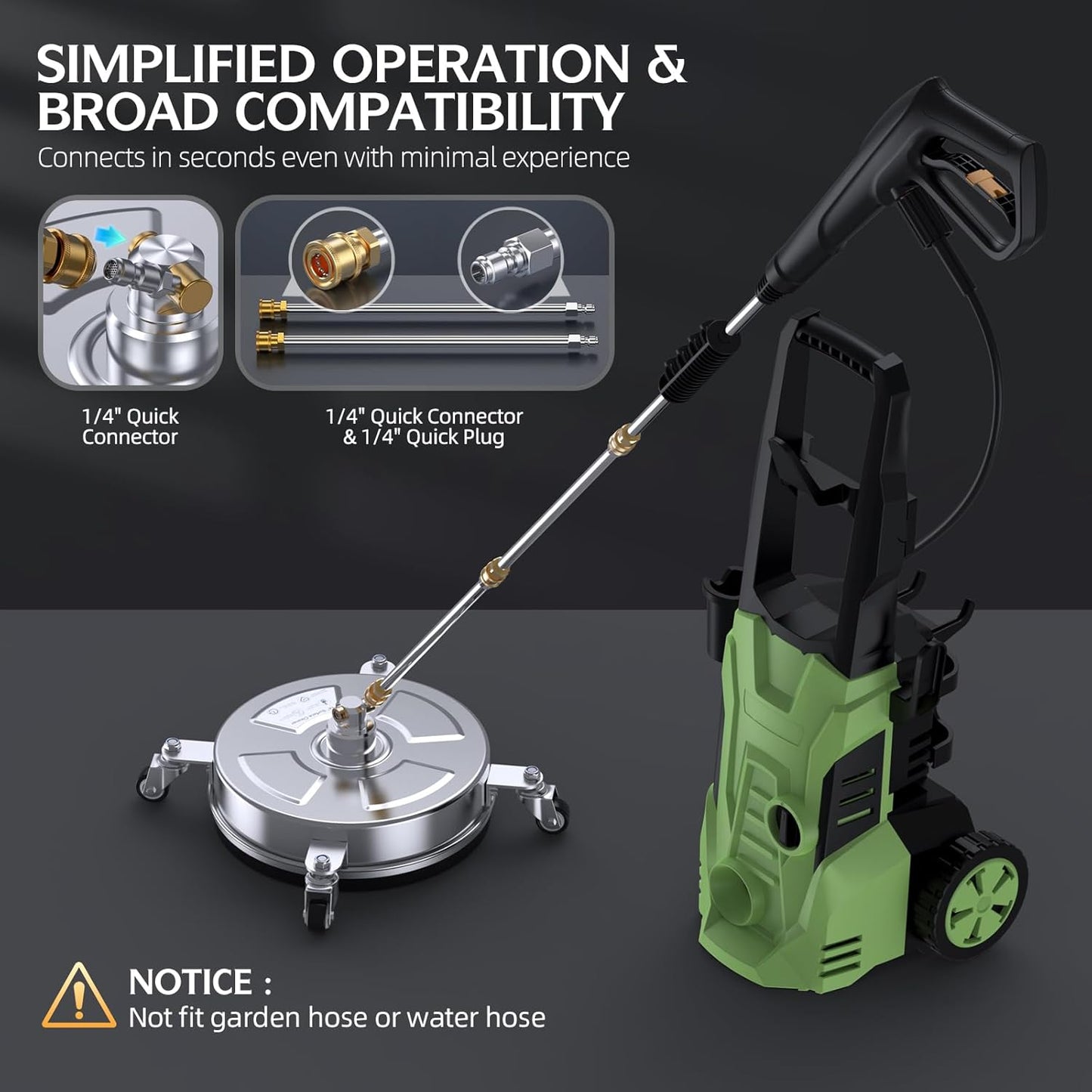 14" Pressure Washer Surface Cleaner - 4500 PSI, Durable 304 Stainless Steel, 4 Universal Wheels & 2 Extended Wands