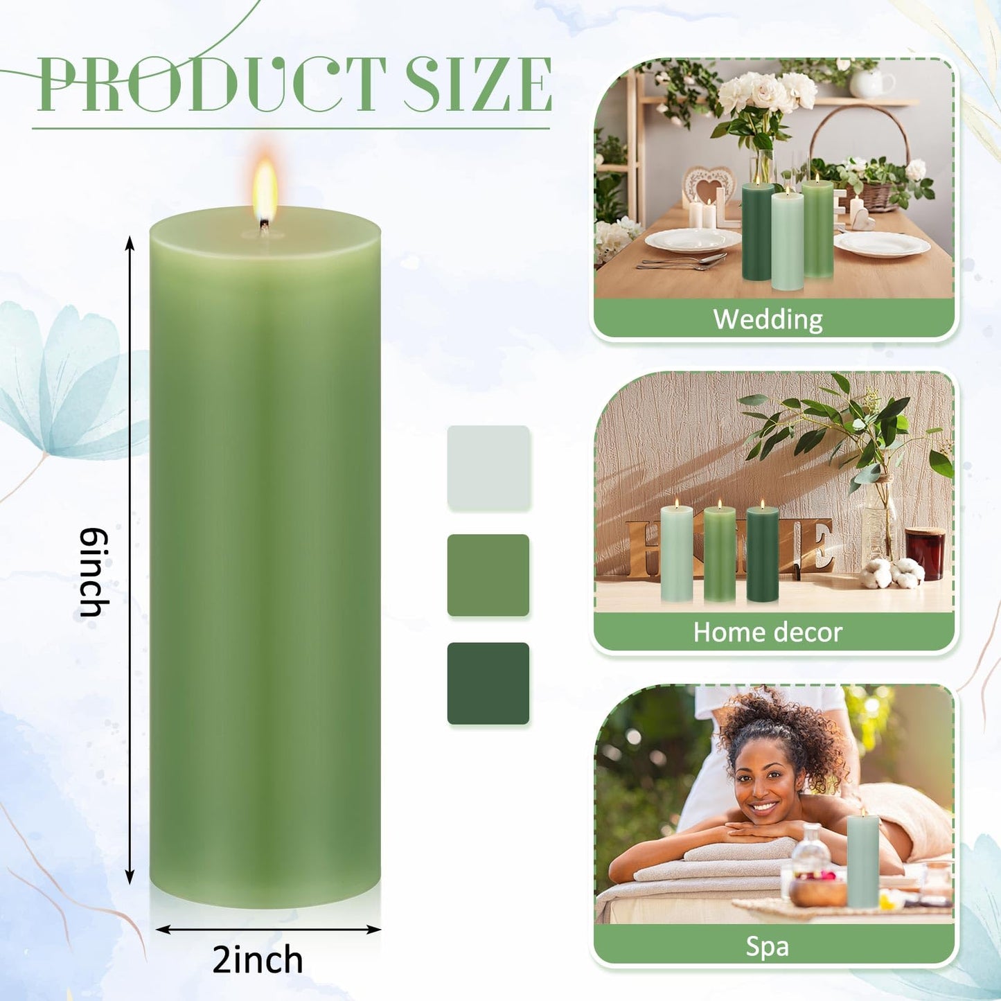 Conelist Set of 6 Gradient Green Pillar Candles 2 x 6 Inch Decorative Unscented Column Candles for Wedding Thanksgiving Christmas Holiday Church Dinner Table Home Relaxation Spa Decor