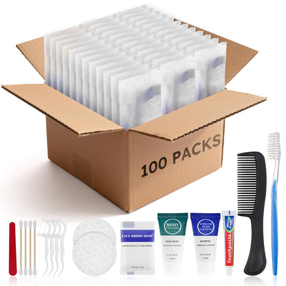 Toiletry Kits Travel Essentials Disposable Hygiene in Bulk, Trial Size Toiletries Supplies Individually Wrapped Traveling Personal Care Items, for Camping, Hotel, Homeless, Charity, 8-in-1 (100-Pack)