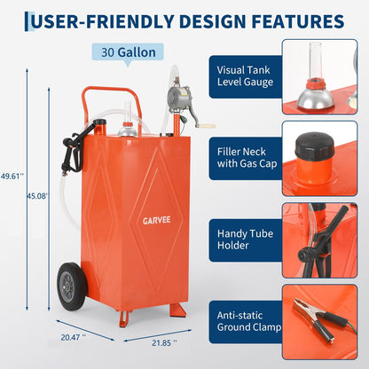30 Gallon Fuel Gas Caddy Storage Tank, Portable Gas Caddy with Wheels, Manual Rotary Transfer Pump, Fuel Hose, Wide Fill Opening, Vent and Level Gauge, Mobile Gasoline Diesel Transfer Tank for ATV, Mower, Tractor, Car, Boat