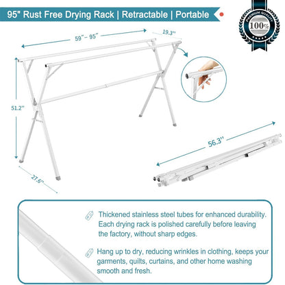 JAUREE 95 Inches Clothes Drying Rack, Drying Rack Clothing Folding Indoor Outdoor, Heavy Duty Stainless Steel Laundry Drying Rack, Foldable Portable Clothes Rack Garment Rack with 20 Hooks White