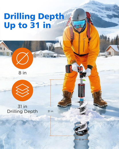 FUJIWARA Ice Auger, 8" Diameter Ice Drill Bit, Nylon Corless Ice Augers for Ice Fishing,SK-5 High Carbon Steel Blade,with 1/2”Universal Adapter & Buoyant Foam
