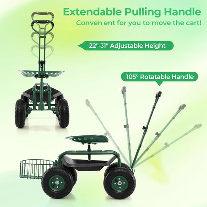 DORTALA Heavy Duty Garden Cart Work Seat w/360 Swivel Seat and Storage Basket, 4-Wheel Rolling Planting Cart w/Tool Tray Extendable Steering Handle Height Adjustable Seat for Gardening, Green
