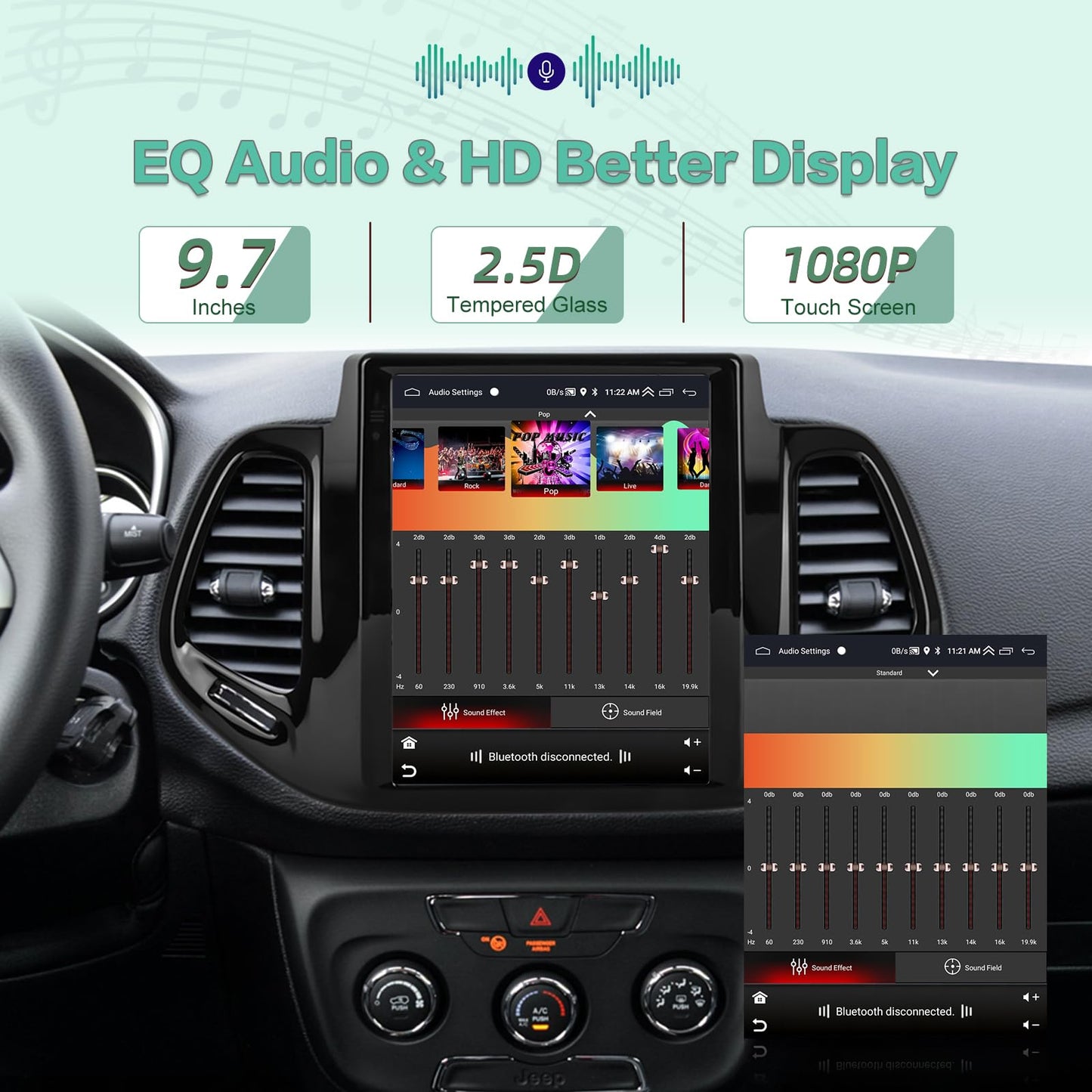 2G+64G 9.7 inch Screen for Jeep Compass Radio 2017 2018 2019, Android Touch Screen Compass Car Stereo, Carplay/Android Auto/Bluetooth/EQ Audio/SWC