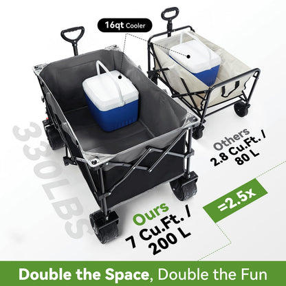 Hikenture Collapsible Wagon Cart, 330lbs Capacity Beach Wagons with Big Wheels for Sand, Heavy Duty Foldable Cart with Brakes, Portable Utility Folding Garden Cart for Outdoor