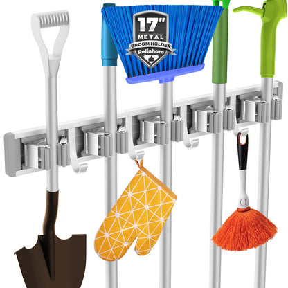 reliahom Broom Holder Wall Mount Mop and Broom Hanger Wall Mounted Garage Storage Rack Kitchen Garden Tool Organizer (4 Racks with 5 Hooks, Silver)