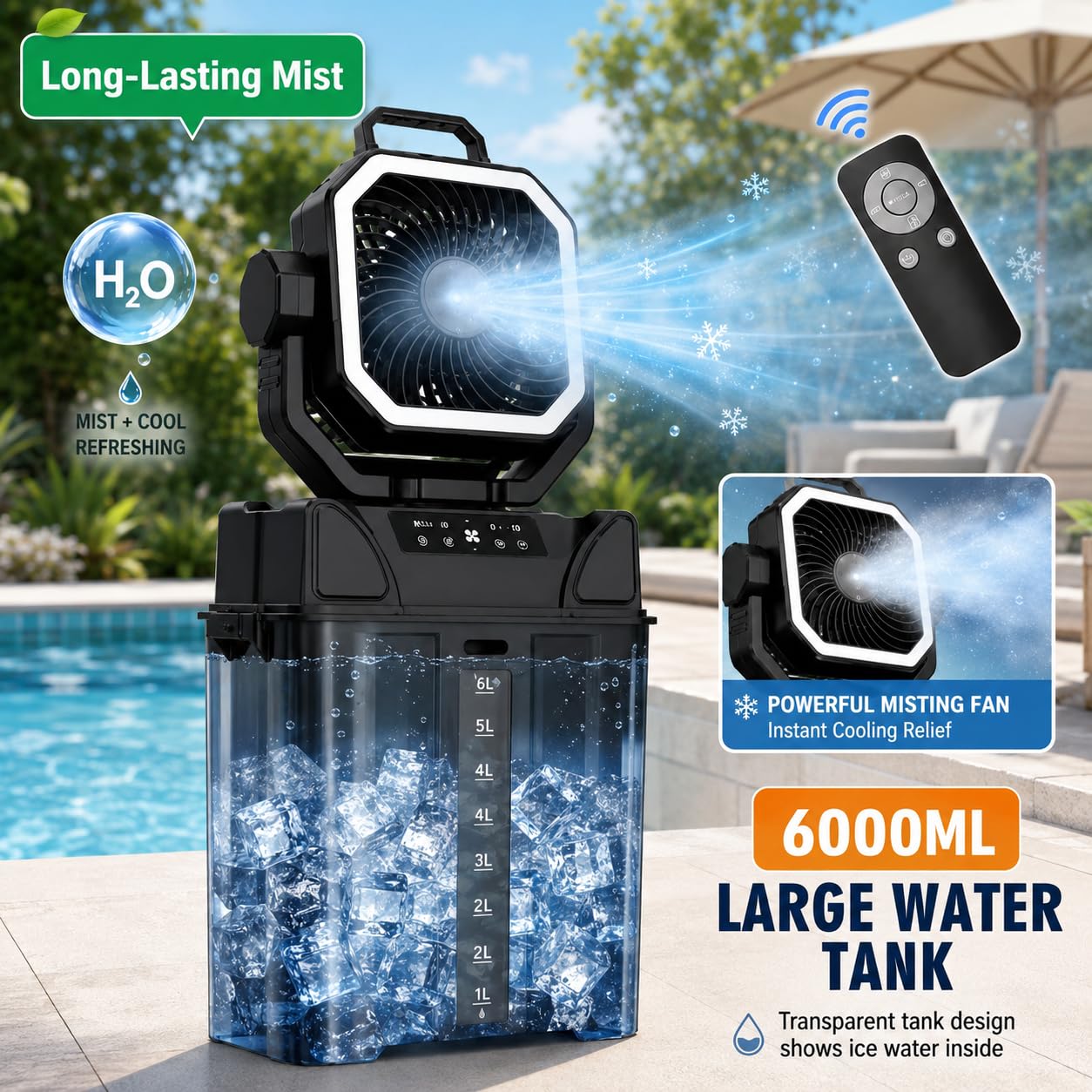 Eauah Portable Misting Fan, Heavy Duty Outdoor Misting Fan with 40000mAh Battery, Large Misting Fan Outdoor, Portable Patio Fan with Remote, Oscillating Camping Cooling Fan, 6L Water Tank (Black)