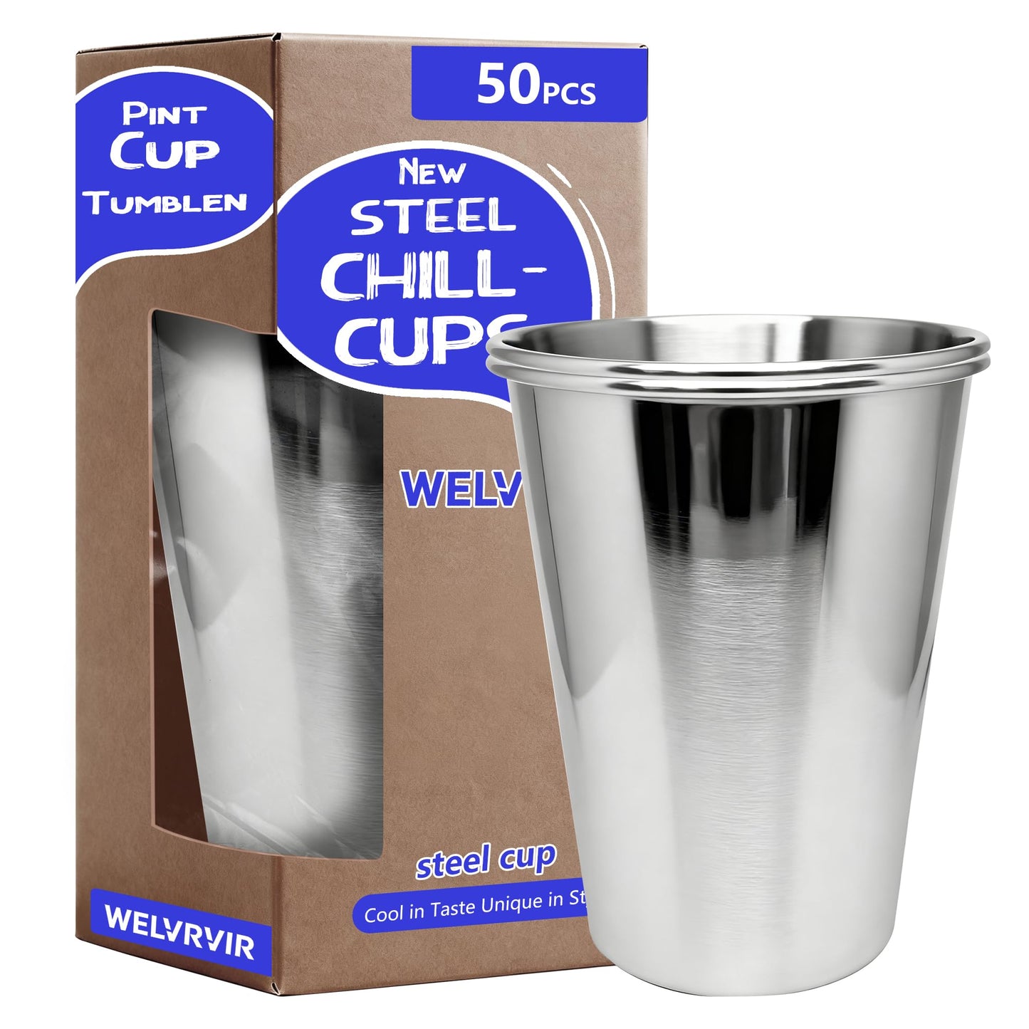 WELVRVIR 20oz 50PCS Stainless Steel Pint Cup,Pint Tumbler,Reusable metal Cups,Stainless Steel Water Tumbler,BPA Free,Stackble,Durable,Unbreakable Metal Drinking Glasses for Bar,Banquet Mugs (50, 20OZ)