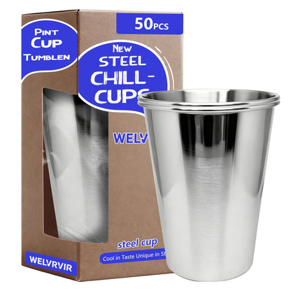 WELVRVIR 20oz 50PCS Stainless Steel Pint Cup,Pint Tumbler,Reusable metal Cups,Stainless Steel Water Tumbler,BPA Free,Stackble,Durable,Unbreakable Metal Drinking Glasses for Bar,Banquet Mugs (50, 20OZ)