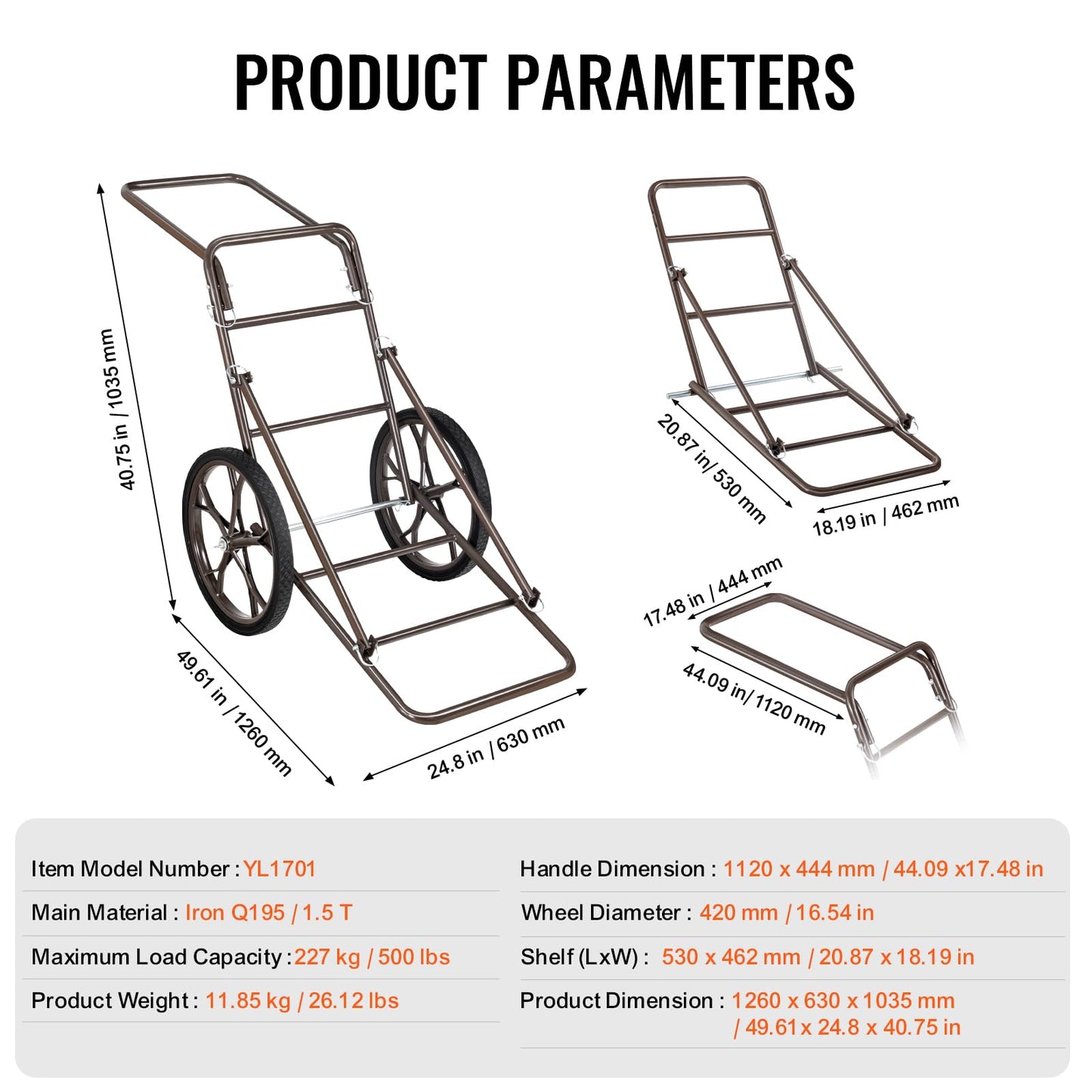VEVOR Game Carts for Hunting, 500 LBS Deer Cart Game Hauler, Hawk Crawler Deer Cart, Hawk Hunting, All Terrain Folding Cart, Deer Hauling Cart, Heavy-Duty Utility Gear Dolly for Hunting Fishing Hiking