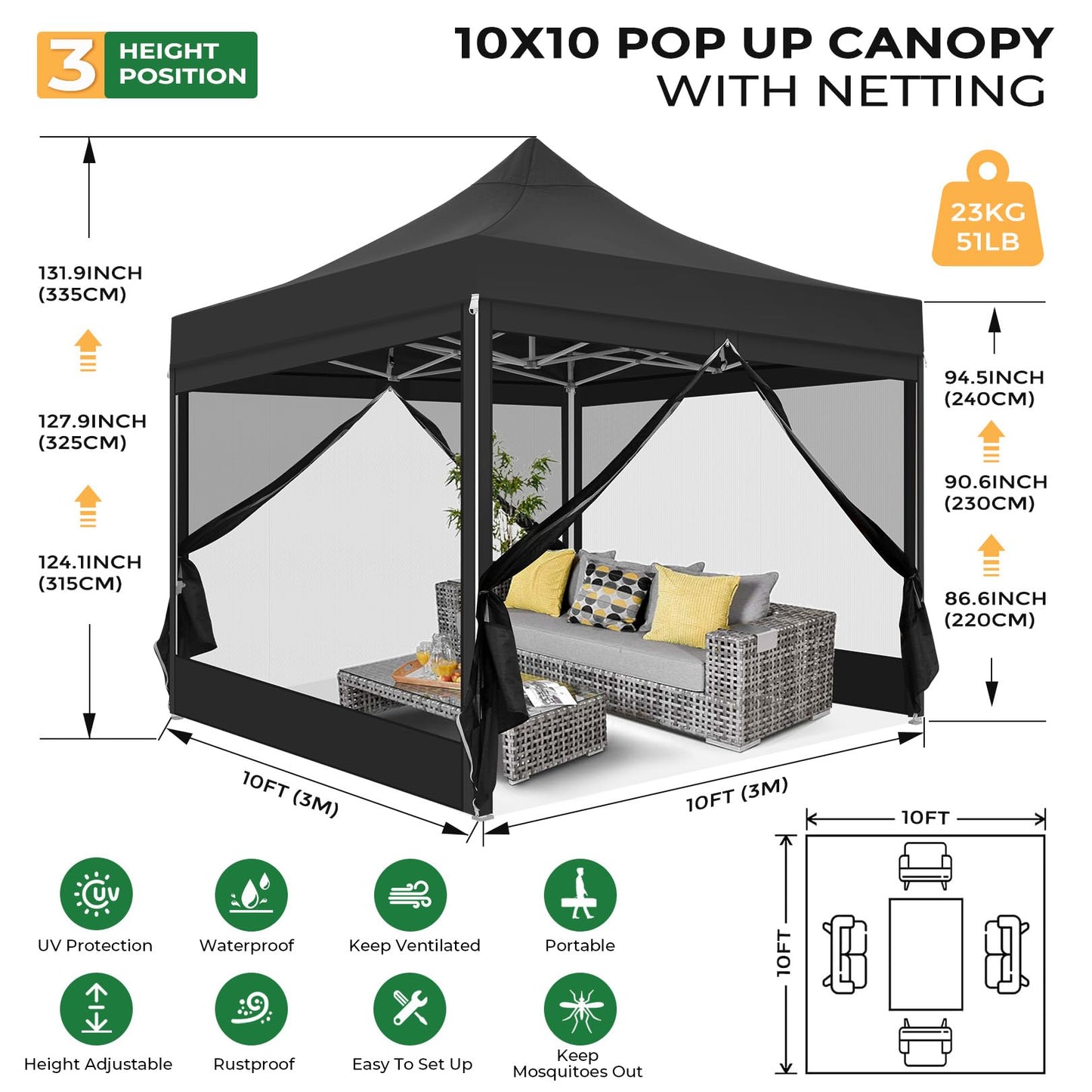 COBIZI 10x10 Heavy Duty Pop Up Canopy with 4 Mosquito Netting Wall, Easy Set Up Commercial Gazebo Party Tent, Outdoor Instant Screen Canopy for Backyard, Patio, Garden, Black