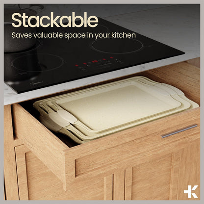 BAKKEN Nonstick Cookie Sheets Set - 3-Piece Stackable Carbon Steel Bakeware with Silicone Handles | White Marble