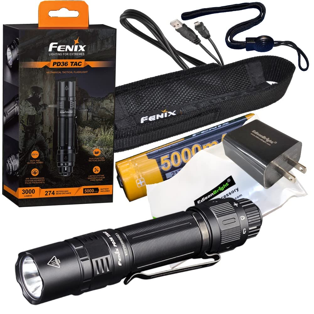 EdisonBright Fenix PD36 TAC 3000 Lumen LED Tactical Flashlight, Holster and Battery USB Charging Adapter