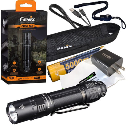 EdisonBright Fenix PD36 TAC 3000 Lumen LED Tactical Flashlight, Holster and Battery USB Charging Adapter