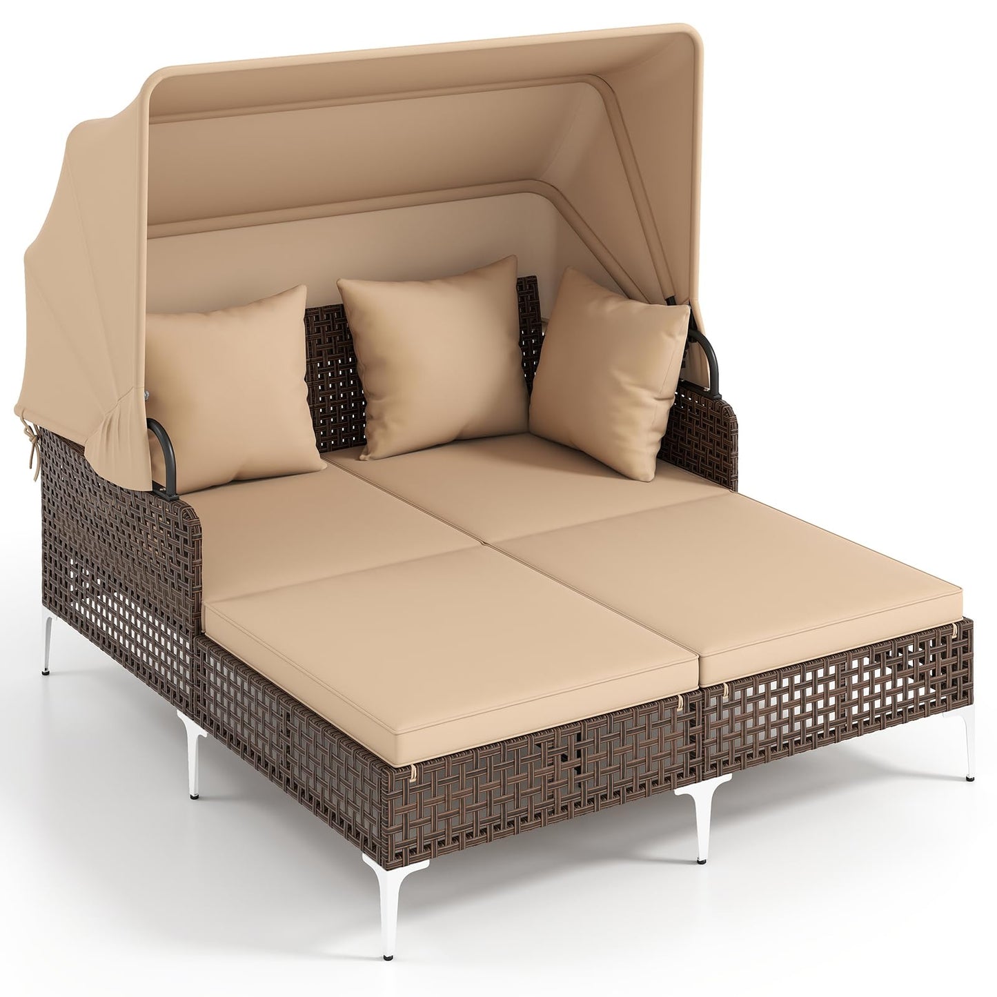 Tangkula Outdoor Rattan Daybed with Retractable Canopy, Boho Patio Wicker Sunbed with Metal Support, Pillows & Cushions, Outdoor Double Chaise Lounge with Shade for Backyard, Poolside, Deck & Balcony